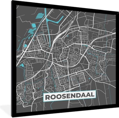 Fotolijst incl. Poster - Plattegrond - Roosendaal - Grijs - Blauw - 40x40 cm - Posterlijst - Stadskaart