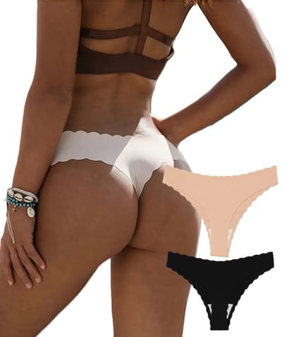 Set van 2x Naadloze Dames Strings – High-Waist & Low-Rise – Zwart & Beige – Onzichtbaar Ondergoed – Zachte Stretchstof – Maat S