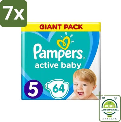 7 x Pampers - Active Baby - Luiers - Maat 5 (11-16 kg) - Zachte Pasvorm - 64 Luiers - Grootverpakking - Pampers Active Baby - Luiers Maat 5 - Babyluiers - Zachte Pasvorm - Luchtdoorlatende Luiers
