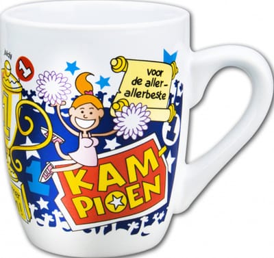 Mok - Snoep - Voor de allerbeste kampioen - Cartoon - In cadeauverpakking met gekleurd krullint