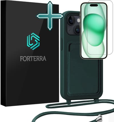 Hoesje Geschikt voor iPhone 15 Plus Pashouder Case Siliconen Hoes Met Koord Met Screenprotector - Hoes Geschikt voor iPhone 15 Plus Met Telefoonkoord Hoesje Back Cover Met Pasjeshouder - Donkergroen