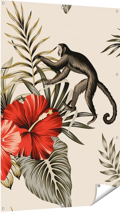 Gards Tuinposter Tropische Bloemen met Apen Achtergrond - 100x150 cm - Tuindoek - Tuindecoratie - Wanddecoratie buiten - Tuinschilderij