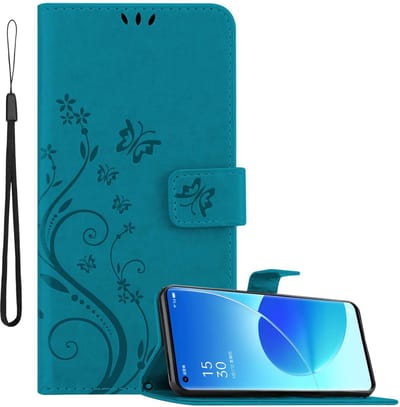 Cadorabo Hoesje geschikt voor Oppo Reno6 PRO 5G in Blauw - Beschermhoes in bloemmotief met magnetische sluiting, standfunctie en kaartsleuven Book Case Cover Etui