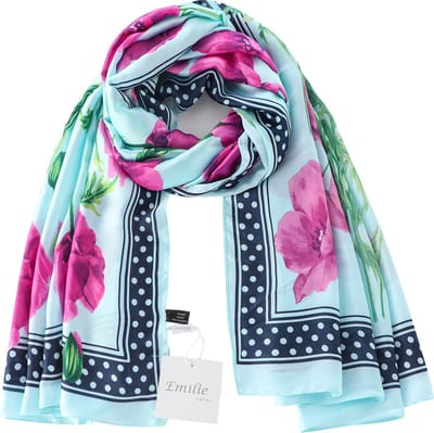 Emilie scarves - sjaal - lang - silky feeling - bloemenprint - klaprozen - mintblauw