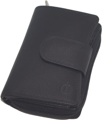 OI zwarte lederen ritsportemonnee / damesportemonnee voor veel pasjes tevens afsluitbaar / damesbeurs voor 12 creditcards / anti skim / zwart leder / 218
