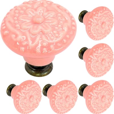 Meubelknoppen Set lichtroze Keramiek Rond met Bloem - 6x Roze Kastknop met schroef - Vintage/Antiek handgreep voor deur en lade