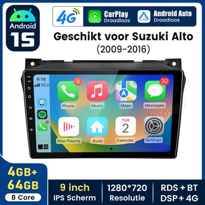 HexinexMarket Octa-Core autoradio Geschikt voor Suzuki Alto 2009-2016 - Draadloos CarPlay, Android Auto, GPS Navi, Android 15, multimediaspeler, 4GB+64GB