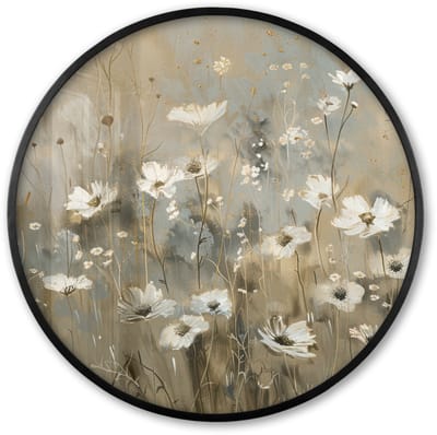 Poster in lijst Rond - Fotolijst 60x60 cm - Posters - Bloemen - Wit - Natuur - Grijs - Modern - Ronde posterlijst zwart - Decoratie - Wanddecoratie woonkamer - Muurdecoratie slaapkamer
