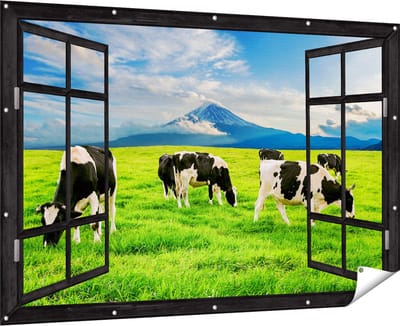 Gards Tuinposter Doorkijk Koeien in de Wei - 180x120 cm - Tuindoek - Tuindecoratie - Wanddecoratie buiten - Tuinschilderij