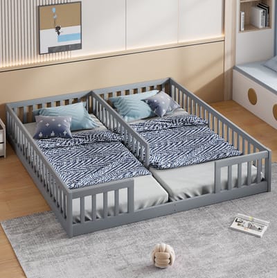 Paneelbed, 90 x 200 cm, kinderbed met zijhekjes, bedbodem en matras niet inbegrepen, geschikt voor gezinnen met twee kinderen, gemaakt van grenenhout, minimalistische stijl, grijs.