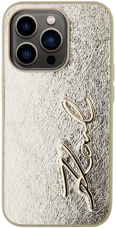 Karl Lagerfeld, Hoesje geschikt voor iPhone 15 Pro - Gecruncht PU Leer met Signature Logo Ultra Elegant, Goud