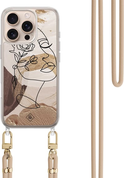 Casimoda® hoesje met koord - Geschikt voor iPhone 16 Pro Max - Abstract Gezicht Bruin - Afneembaar koord - TPU/polycarbonaat - Bruin/beige