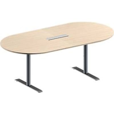 Schäfer Shop Genius Vergadertafel MODENA FLEX, in hoogte verstelbaar, 6-voudige contactdoos, ovale vorm, T-poot ronde buis, B 2000 x D 1000 mm, esdoornpatroon