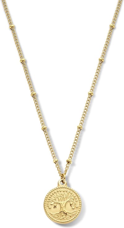 CO88 8CN-26219 Stalen Ketting - Hanger - Rondje - Levensboom - Gourmette met Bolletjes - 40 + 7 cm - Goudkleurig