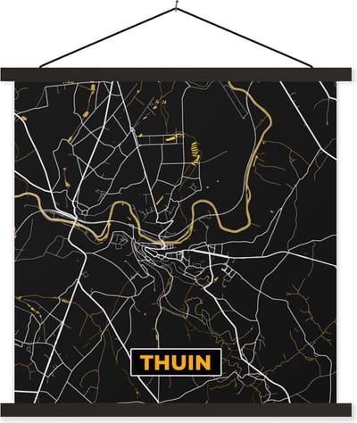 Posterhanger incl. Poster 60x60 cm - Schoolplaat - Stadskaart - Thuin - Goud - Kaart - Plattegrond - Textielposter - Zwarte latten - Stadskaart