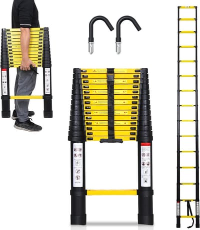 Telescopische Ladder - Uitschuifbare Ladder - Klusjes Binnen Buiten - Afneembare Haak - 4.4 Meter - Zwart Geel
