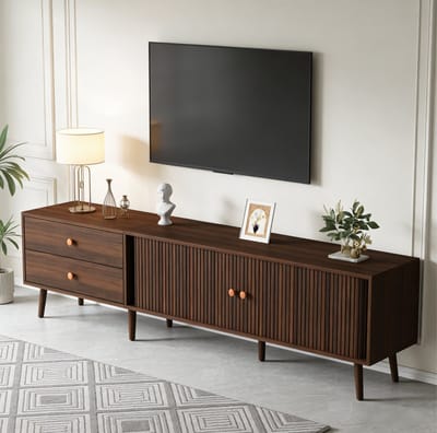 DESMIU Tv-Meubel - Ruim Lowboard Met 2 Lades En Roldeuren - Voor Woonkamer En Televisie Tot 80 Inch - MDF - 180x40x46,5 Cm - Walnootkleur