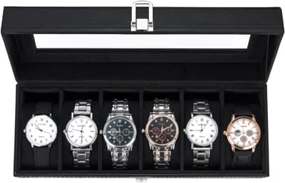 Stijlvolle horlogebox met glazen deksel, 6 slots voor horloges, PU leren opbergdoos voor mannen en vrouwen, perfect als cadeau voor Valentijnsdag of verjaardag, zwart