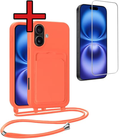 Hoesje Geschikt voor iPhone 16 Plus Hoesje Met Telefoonkoord en Pasjeshouder Met Screenprotector Siliconen - Hoes Geschikt voor iPhone 16 Plus Hoesje Met Kaarthouder Case - Papaya