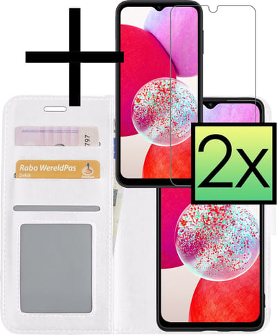 Hoesje - Met 2x Screenprotector - Geschikt voor Samsung Galaxy A14 - Luxe Pasjeshouder - Bookcase Portemonee - Flip Case - Kunstleer Book Case - Flipcase Hoes - Book Cover - Walletcase - Portemonneehoes - Wit