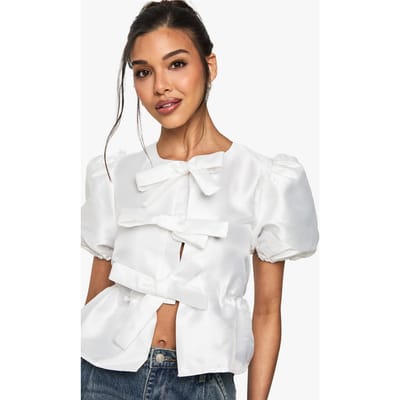 boohoo Dames Taffeta Top met Gebonden Voorkant en Puffmouwen Smock Top | Ivoor | Maat: 38
