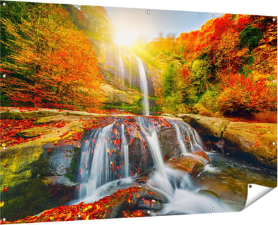 Gards Tuinposter Waterval in de Herfst Kleuren - 180x120 cm - Tuindoek - Tuindecoratie - Wanddecoratie buiten - Tuinschilderij