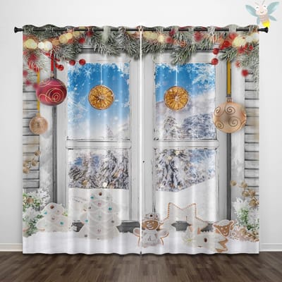2 pièces de rideaux imprimés à motifs de clochettes de neige sur le thème de Noël pour décoration, chambres et salons 140x160cm&Grommet Top gray