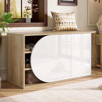 MIVRAY Schoenenkast - Hoogglans Opbergbank Met Push Open En Deuren - Voor Hal En Entree - Spaanplaat Wit En Natuur - 104x37x50 Cm