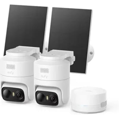 eufy Security eufyCam C37 2-Cam Kit + HomeBase mini - Draadloze Beveiligingscamera Voor Buiten - 360° Beeld - 2K Zonnecamera- Persoons- Huisdier- En Voertuigdetectie - Zonnepaneel - Kleuren-nachtzicht - Geen Extra Kosten