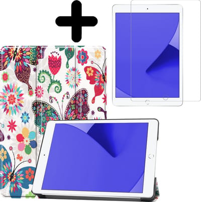 Hoes - Geschikt voor Apple iPad 8 (2020) - 10.2 inch - 8e Generatie - Met Screenprotector - Trifold Bookcase - Hard Cover - Hardcover Book Case - Tablet Hoesje - Vlinders