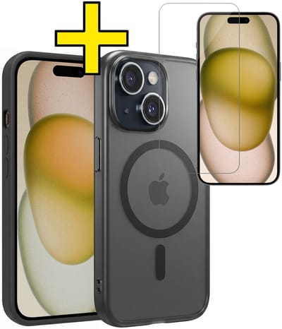 Hoesje - Met Screenprotector - Geschikt voor Apple iPhone 15 - Magsafe Compatible - Sterk & Shockproof - Back Cover - Shock Proof Case - Telefoon Hoes - Telefoonhoesjes - Zwart