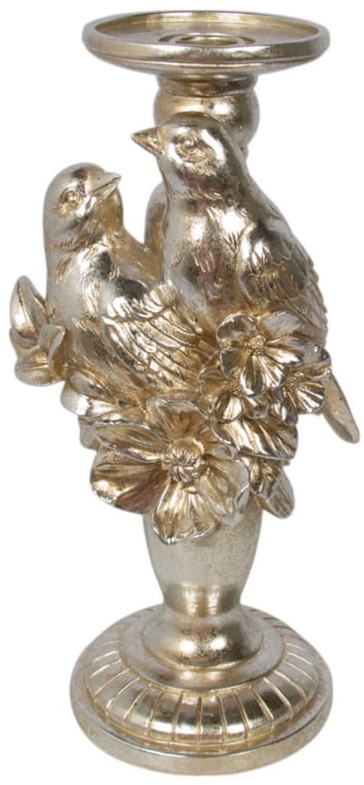 Kaarsenhouder 2 vogels met bloem hars zilver 13,6x11x28,7cm