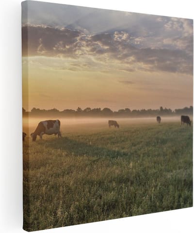 Artaza Canvas Schilderij Koeien - 80x80 cm - Wanddecoratie Landschap - Muurdecoratie Zonsondergang - Schilderijen Op Canvas Natuur