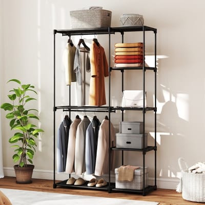 Wishdor - Stoffen Kledingkast - Met Kledingroedes En Planken - Scandinavisch - Voor Slaapkamer - Staal En Vliesstof - Zwart - 111 X 43 X 185 Cm