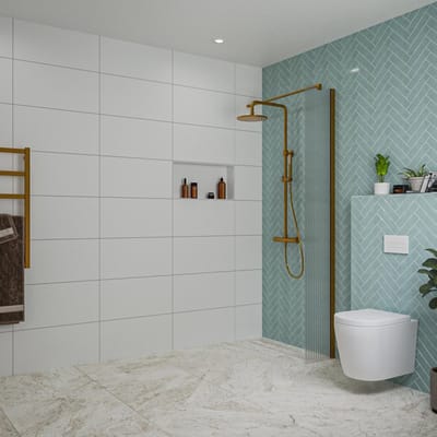 FugaFlow Eccelente Vetro inloopdouche badkamer - 30x200cm - ribbelglas - wandarm - geborsteld koper