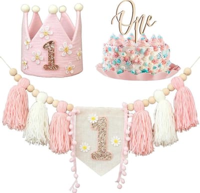 Joya Party® 1 Jaar Verjaardag Versiering Set Roze Kwastjes | Baby | 1ste Verjaardagskroon Vilt | Happy Birthday Slinger Ballonnen | Duurzame Feestversiering Meisje | Zacht Roze