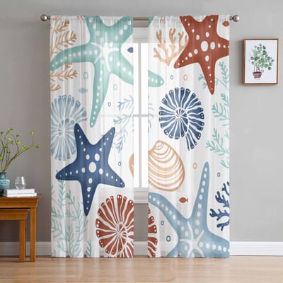 Marine Koraal Zeester Schelp Eend Groen Blauw Raam Tule Gordijnen voor Woonkamer Slaapkamer Hotel Luxe Decoratie Transparante Gordijnen 135W x 114H(cm) white