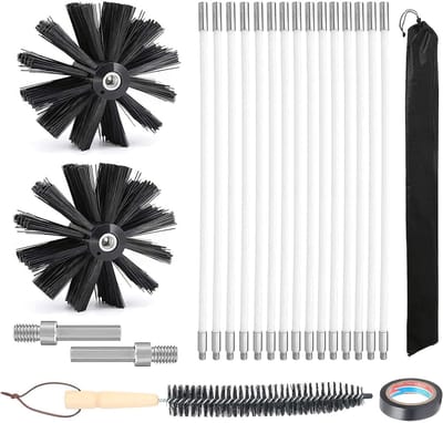 VIN® Schoorsteenveegset - Schoorsteen Borstel Met 15 Flexibele Stangen van 410 mm – Schoorsteenreiniger Inclusief 2 Borstelkoppen – Geschikt voor Boormachine