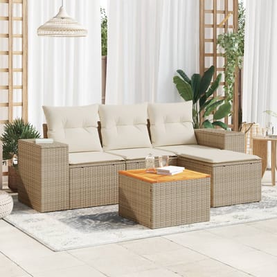 vidaXL - 5-delige - Loungeset - met - kussens - poly - rattan - beige
