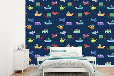 Behang - Fotobehang Patronen - Vliegtuig - Boot - Vrachtwagen - Jongetje - Jongens - Kinderen - Kids - Breedte 360 cm x hoogte 260 cm