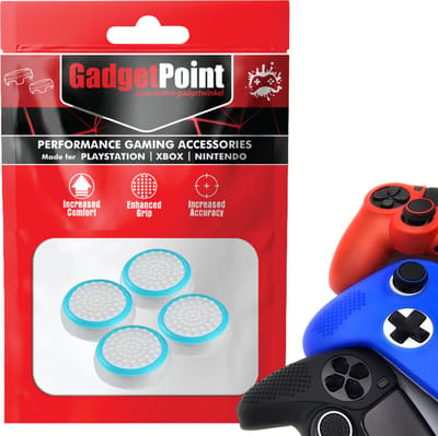 Gadgetpoint - Thumb Grips voor PlayStation, PS5, Xbox X/S, One & Switch Pro Controller - Gaming Thumbgrips - Performance Anti-Slip Thumbsticks - Bescherming Accessoires - Wit met Lichtblauw
