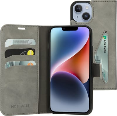 Mobiparts hoesje geschikt voor Apple iPhone 14/13 - Wallet/Boekhoesje - Eco Leer - Magneet Sluiting - Opberg vakken - Grijs