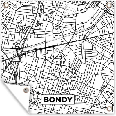 Tuin poster Kaart - Bondy - Stadskaart - Frankrijk - Plattegrond - Zwart wit - 200x200 cm - Tuindoek