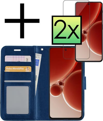 Hoesje - Met 2x Screenprotector - Geschikt voor OnePlus Nord 3 - Luxe Pasjeshouder - Bookcase Portemonee - Flip Case - Kunstleer Book Case - Flipcase Hoes - Book Cover - Walletcase - Portemonneehoes - Donkerblauw