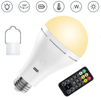 Oplaadbare Gloeilamp met Batterij , Afstandsbediening - E27-lamp USB-C 9W - Oplaadbare - 3 Kleuren Dimbaar met Tijdfunctie - Outdoor Noodverlichting - 2 Stuks
