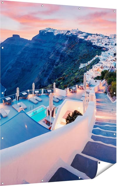 Gards Tuinposter Luxe Huisjes aan de Kust in Fira, Griekenland - 120x160 cm - Tuindoek - Tuindecoratie - Wanddecoratie buiten - Tuinschilderij