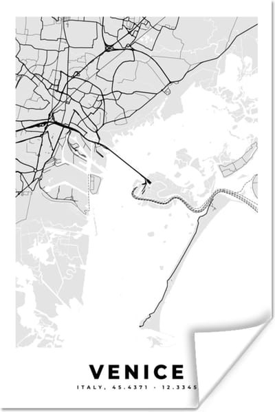 Poster Kaart - Venetië - Zwart Wit - Stadskaart - Plattegrond - 120x180 cm XXL