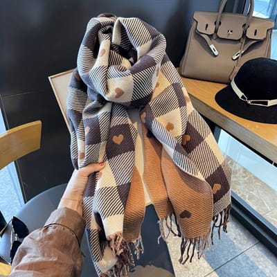 Kasjmier Sjaals met Kwastjes voor Dames Gebreide Schotse Ruit met Hartjes Patroon Lief Meisje Winter Sjaal College Modieuze Vrije Tijd Sjaal Wraps 70X190cm gray