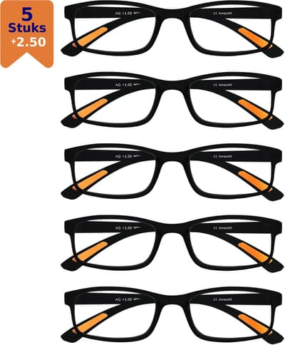 Amazotti Milano Leesbrillen +2.50 – Set van 5 – Trendy & Comfortabel – Italiaans Design – Lichtgewicht Kunststof – Dames & Heren – Zwart – Leesbril met Sterkte