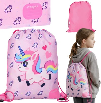Pixel Unicorn Roze, meisjesachtige sporttas voor gymles, schoudertas voor kinderen, rugzak 38x33 cm